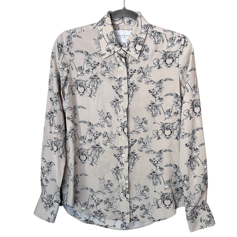 The Shirt by Rochelle Behrens Floral Print Collared Button Down Shirt Beige XS